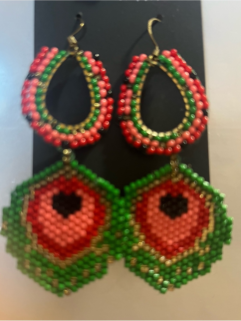 Handmade Pink & Green Beaded Drop Earrings with Heart Accent
